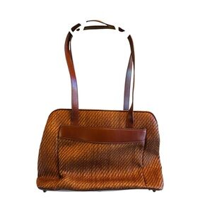 Fossil Tan Woven Straw & Leather Tote Bag With Double Handles & Multiple Pockets